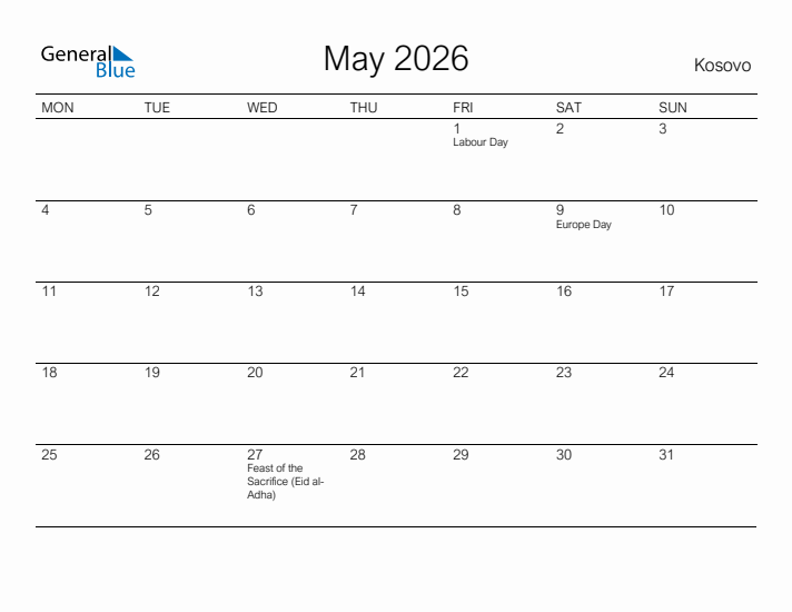 Printable May 2026 Calendar for Kosovo