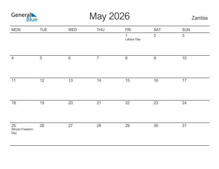 Printable May 2026 Calendar for Zambia