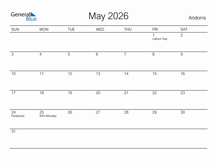 Printable May 2026 Calendar for Andorra