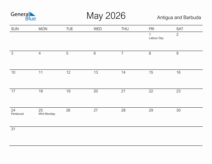 Printable May 2026 Calendar for Antigua and Barbuda