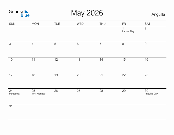 Printable May 2026 Calendar for Anguilla