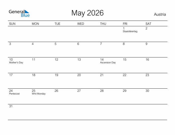 Printable May 2026 Calendar for Austria