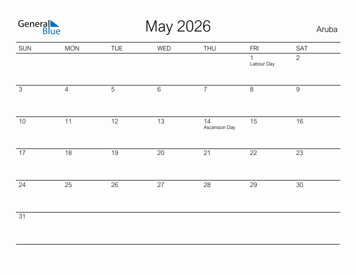 Printable May 2026 Calendar for Aruba