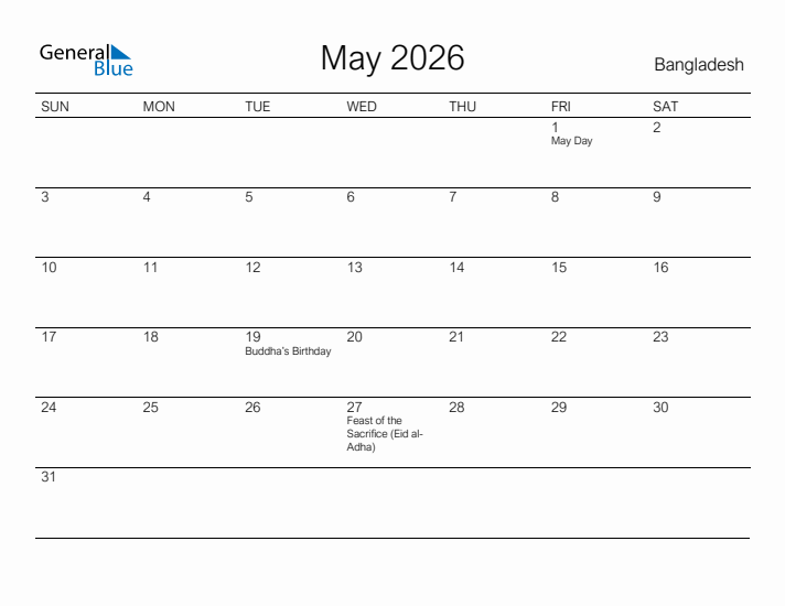 Printable May 2026 Calendar for Bangladesh