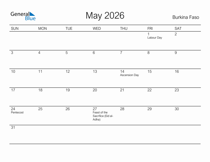 Printable May 2026 Calendar for Burkina Faso