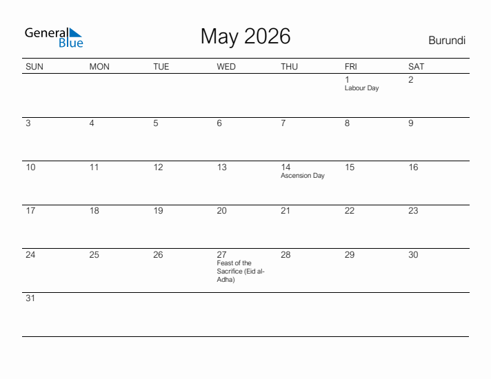 Printable May 2026 Calendar for Burundi