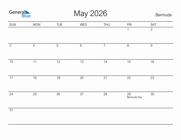 Printable May 2026 Calendar for Bermuda