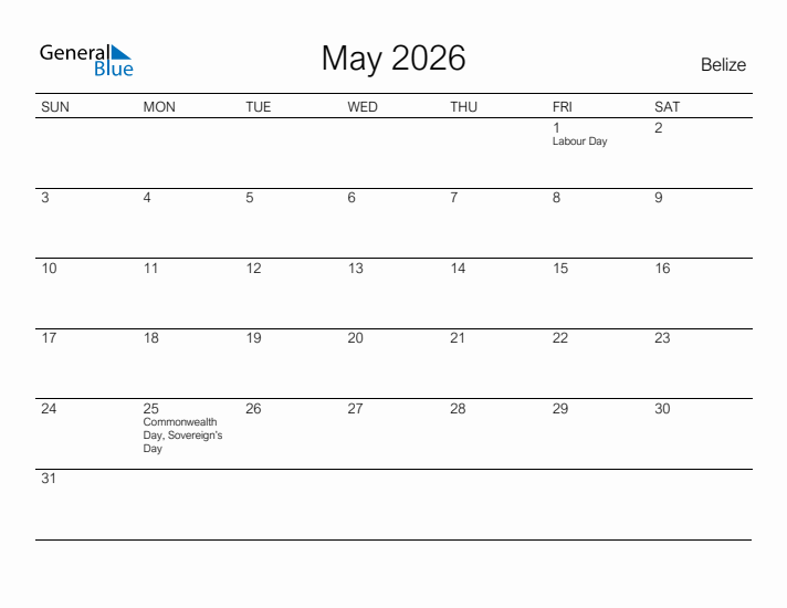 Printable May 2026 Calendar for Belize