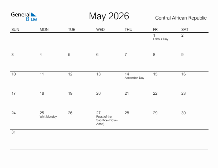 Printable May 2026 Calendar for Central African Republic