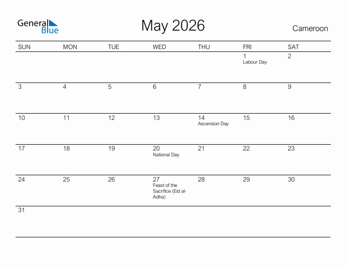 Printable May 2026 Calendar for Cameroon