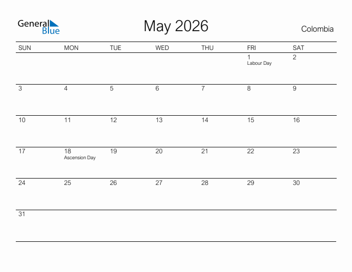 Printable May 2026 Calendar for Colombia