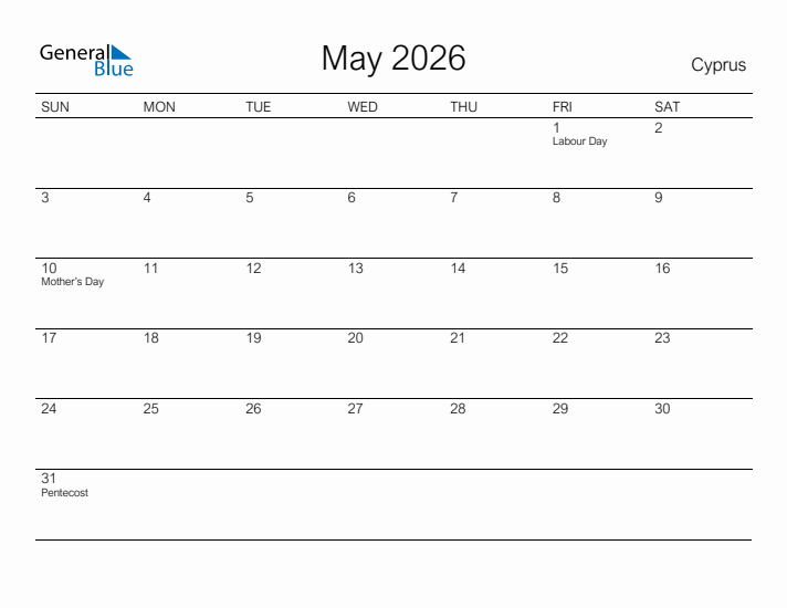 Printable May 2026 Calendar for Cyprus