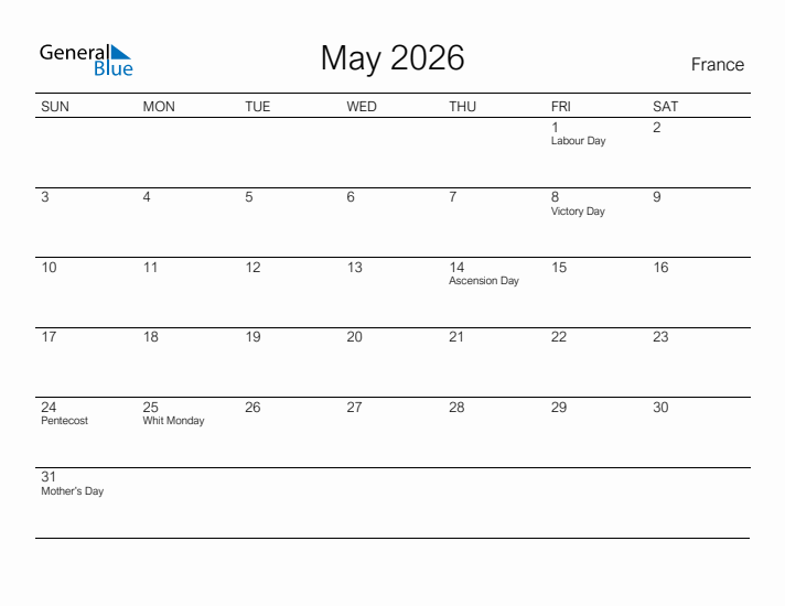 Printable May 2026 Calendar for France