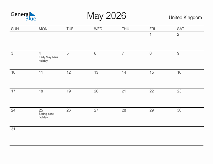 Printable May 2026 Calendar for United Kingdom