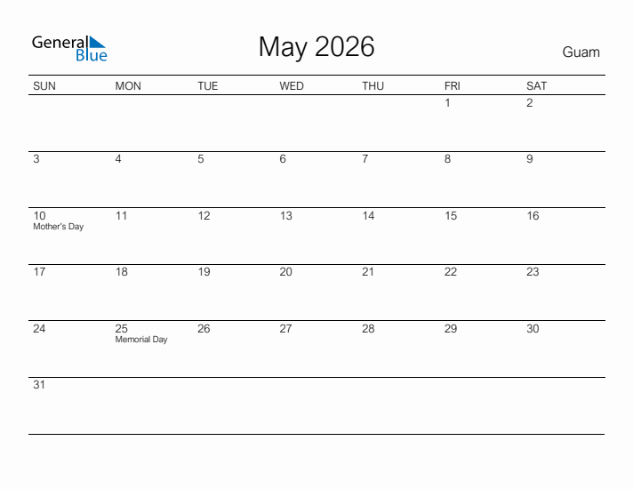 Printable May 2026 Calendar for Guam