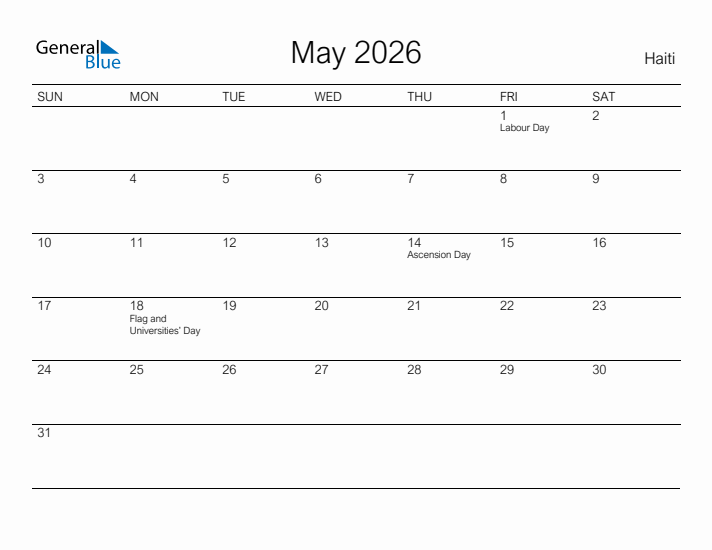 Printable May 2026 Calendar for Haiti