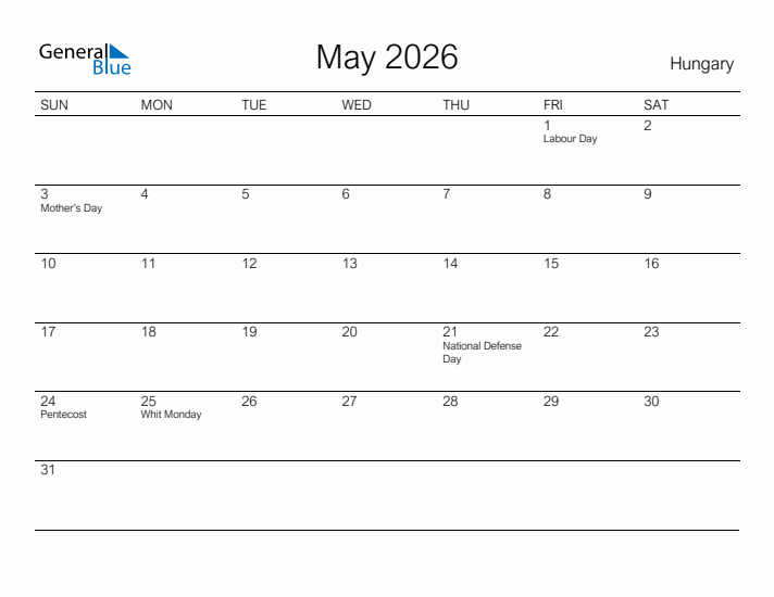 Printable May 2026 Calendar for Hungary