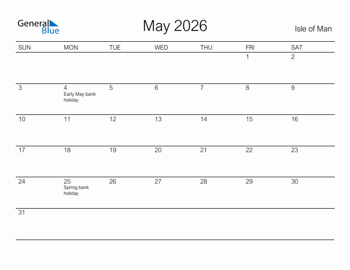 Printable May 2026 Calendar for Isle of Man