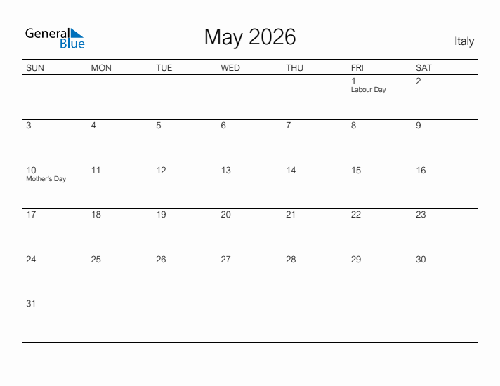 Printable May 2026 Calendar for Italy