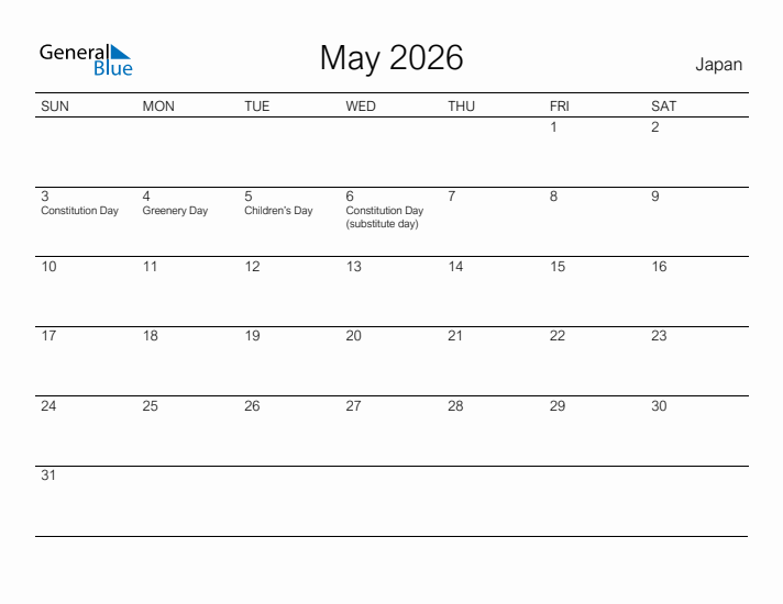 Printable May 2026 Calendar for Japan