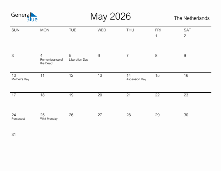 Printable May 2026 Calendar for The Netherlands