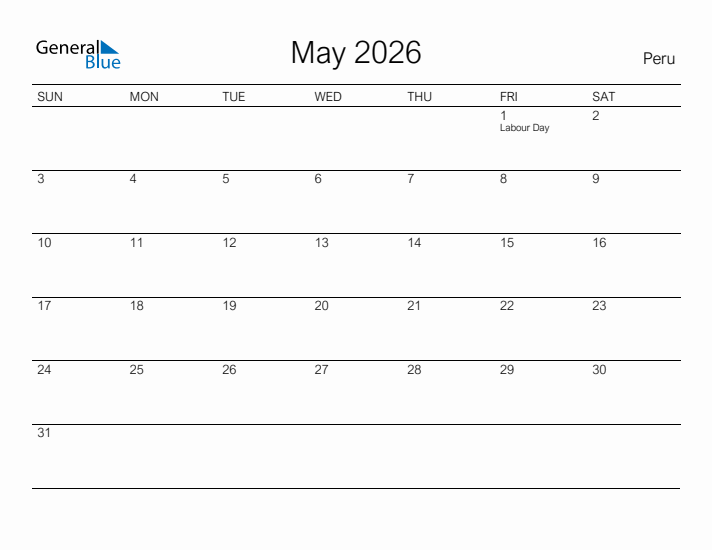 Printable May 2026 Calendar for Peru