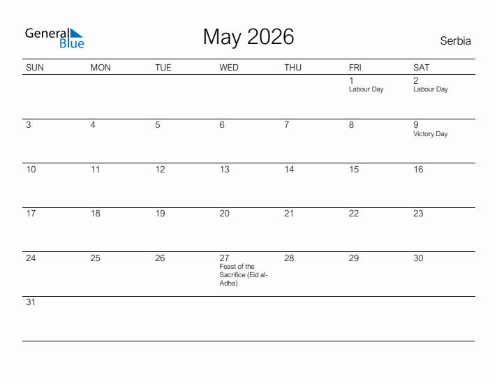 Printable May 2026 Calendar for Serbia