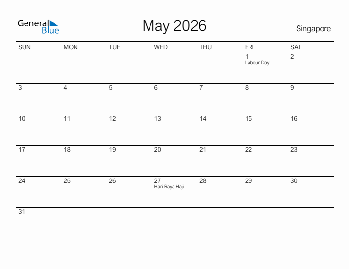 Printable May 2026 Calendar for Singapore