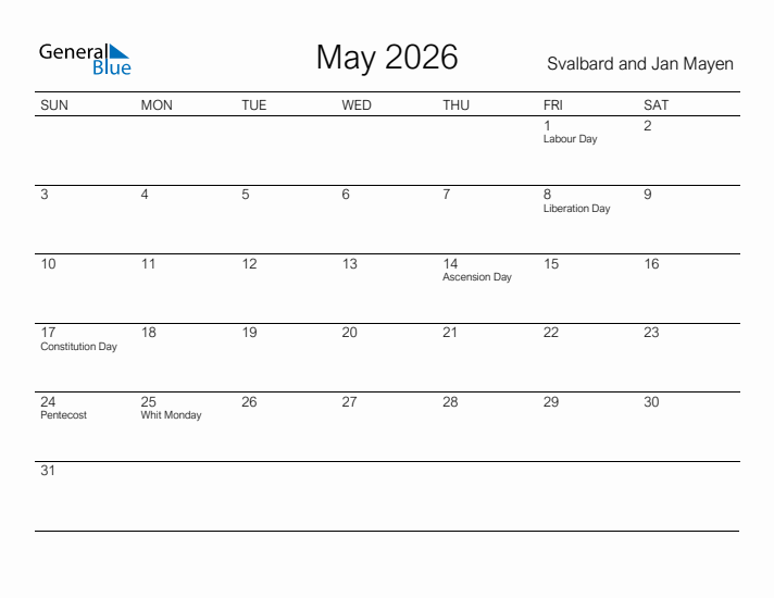 Printable May 2026 Calendar for Svalbard and Jan Mayen