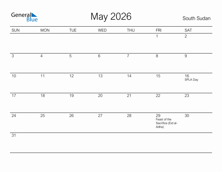 Printable May 2026 Calendar for South Sudan