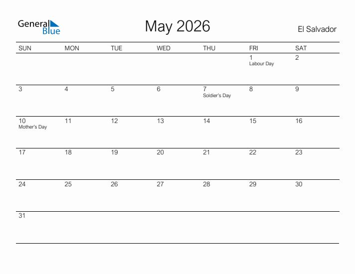 Printable May 2026 Calendar for El Salvador