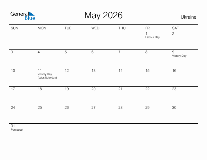 Printable May 2026 Calendar for Ukraine