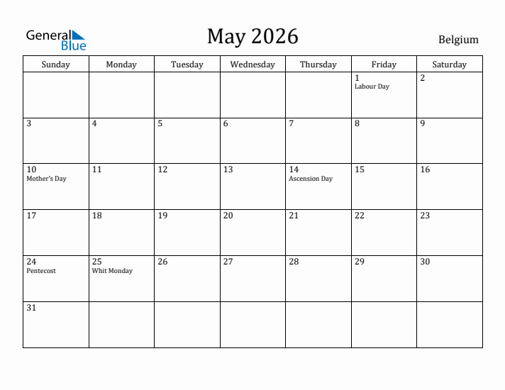 May 2026 Calendar Belgium