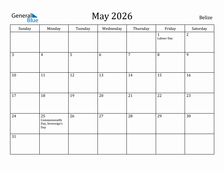 May 2026 Calendar Belize