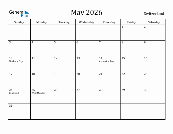 May 2026 Calendar Switzerland