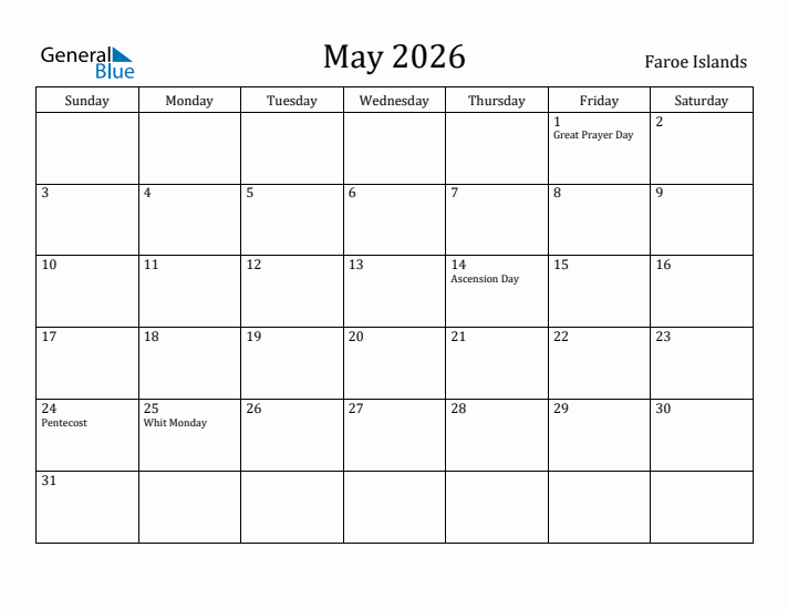 May 2026 Calendar Faroe Islands