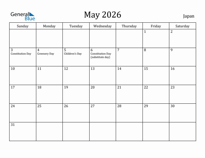 May 2026 Calendar Japan