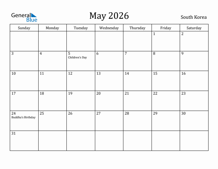 May 2026 Calendar South Korea