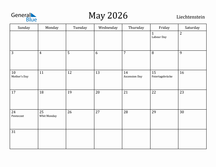 May 2026 Calendar Liechtenstein