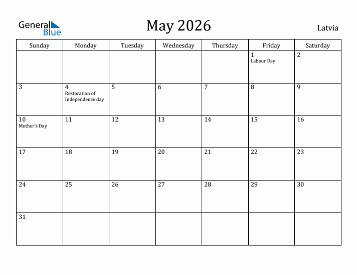 May 2026 Calendar Latvia