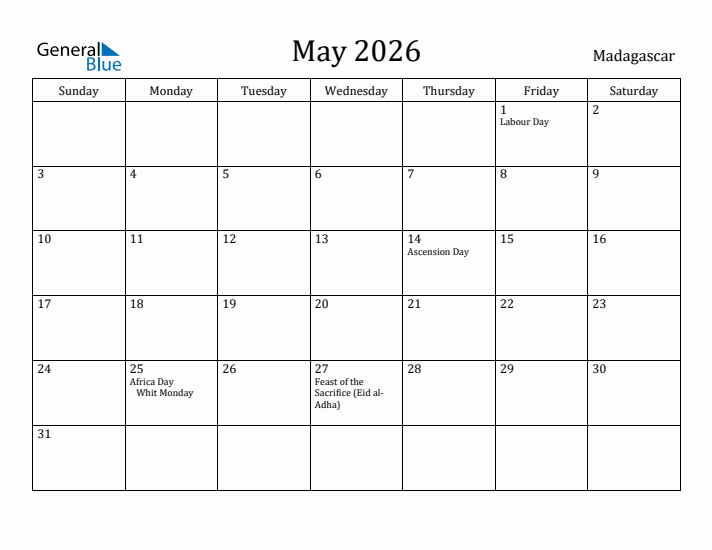 May 2026 Calendar Madagascar