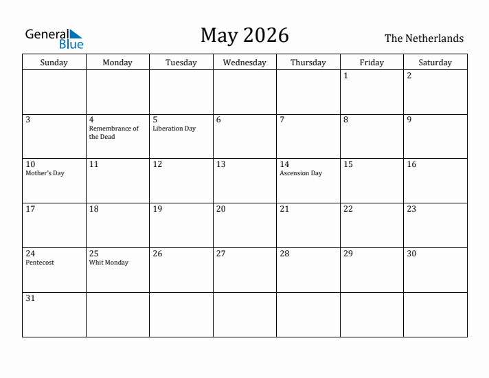 May 2026 Calendar The Netherlands