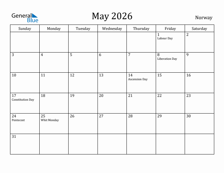 May 2026 Calendar Norway