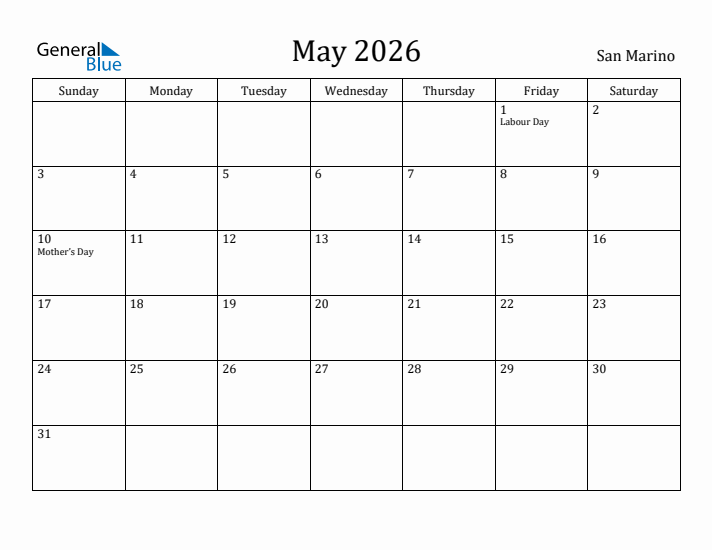 May 2026 Calendar San Marino