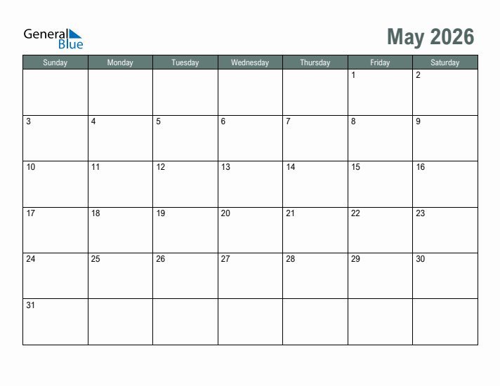 Free Printable May 2026 Calendar