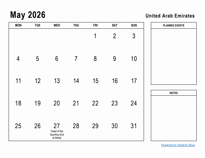 May 2026 Printable Monthly Calendar with United Arab Emirates Holidays