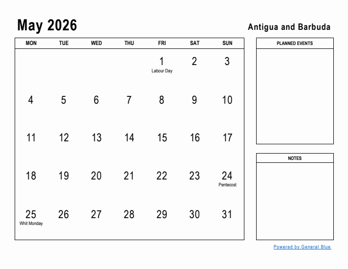 May 2026 Printable Monthly Calendar with Antigua and Barbuda Holidays