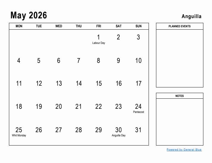 May 2026 Printable Monthly Calendar with Anguilla Holidays