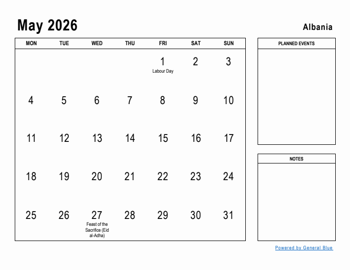 May 2026 Printable Monthly Calendar with Albania Holidays