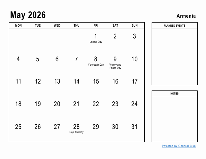 May 2026 Printable Monthly Calendar with Armenia Holidays